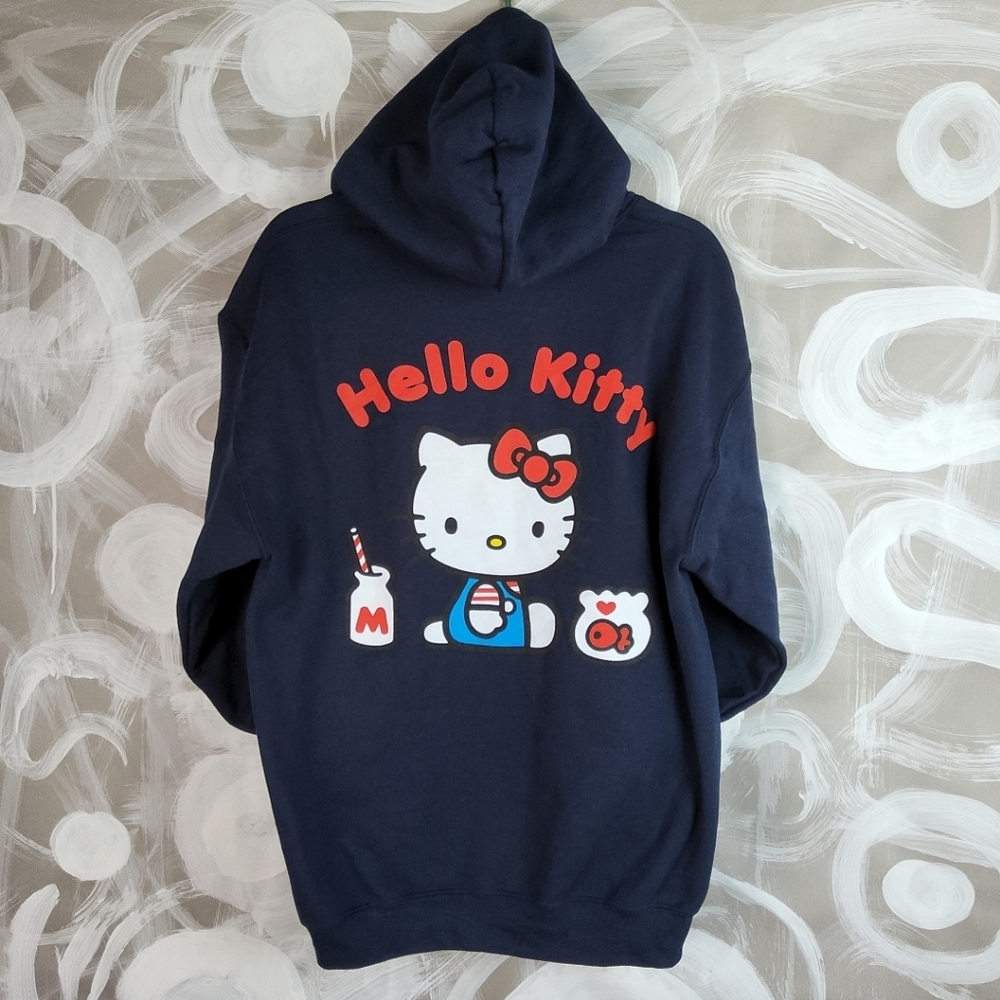 HELLO KITTY Sanrio Navy Blue Cat Graphic Hoodie NWT Sz M Pouch Pocket ComfyCore